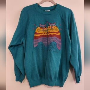 Vintage Teal Hanes Cat Graphic Sweatshirt